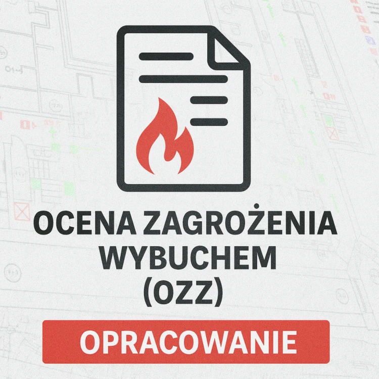 Dokumentacja powykonawcza przejść instalacyjnych – grafika z ikoną dokumentu na tle rysunku technicznego, zabezpieczenia przeciwpożarowe.