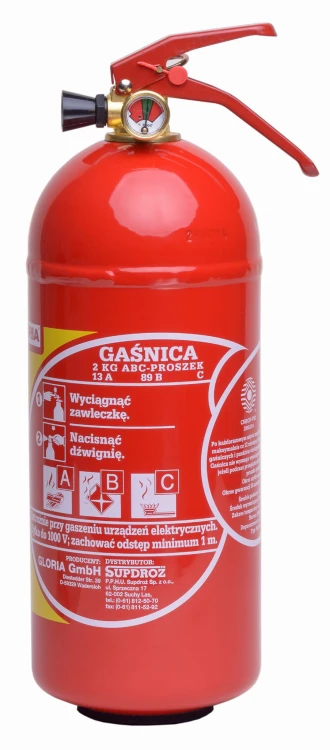 Gaśnica proszkowa 2 kg Gloria PD2 ABC widok z przodu