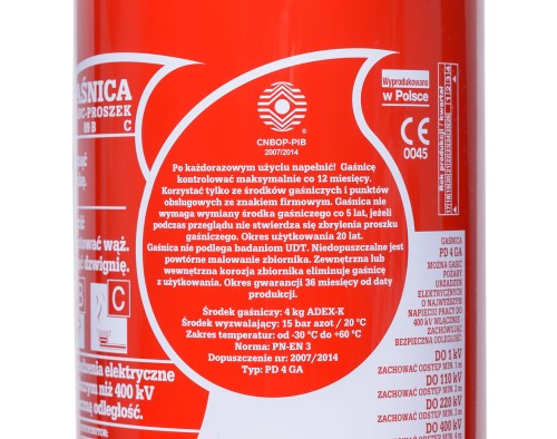 Gaśnica proszkowa 4 kg GP4x PD4 Gloria - widok etykiety i oznaczenia ABC