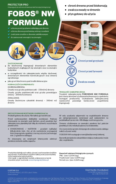 FOBOS NW karta produktowa - zastosowanie i zużycie impregnatu do drewna
